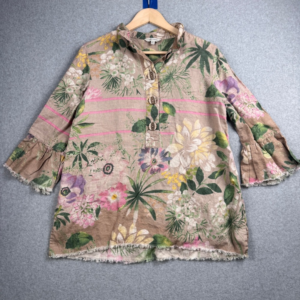John Mark Shirt Womens Small Tan Pink Floral 100% Linen Bell Sleeve Artsy Beachy